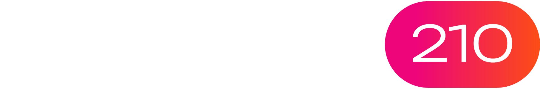 BURO210 Fullservice Marketingbureau Logo met het getal 210 in het wit, tegen een roze-oranje gradiënt achtergrond, prominent aanwezig in de main footer van de website.