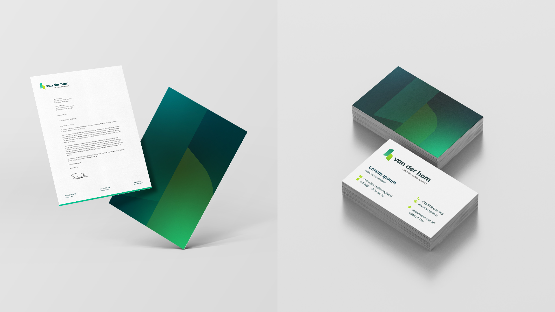 BURO210 Fullservice Marketingbureau Briefpapier en visitekaartjes van Van Der Ham Glas, professioneel ontworpen met logo en contactgegevens. Zakelijk drukwerk voor Van Der Ham Glas.