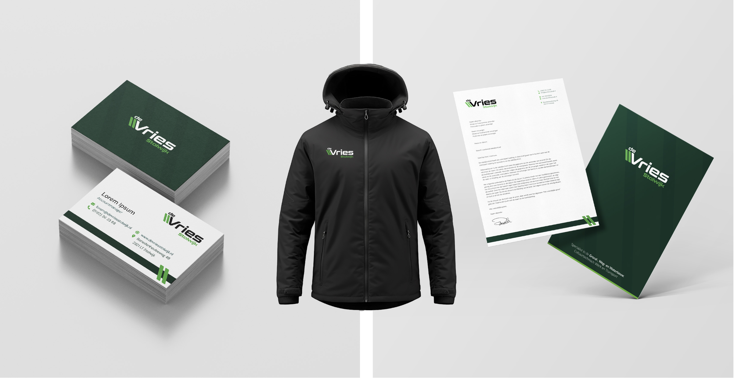 BURO210 Fullservice Marketingbureau Promotie materiaal van De Vries Stolwijk, inclusief visitekaartjes, briefpapier en een jas met het logo. Mooie branding voor De Vries Stolwijk.
