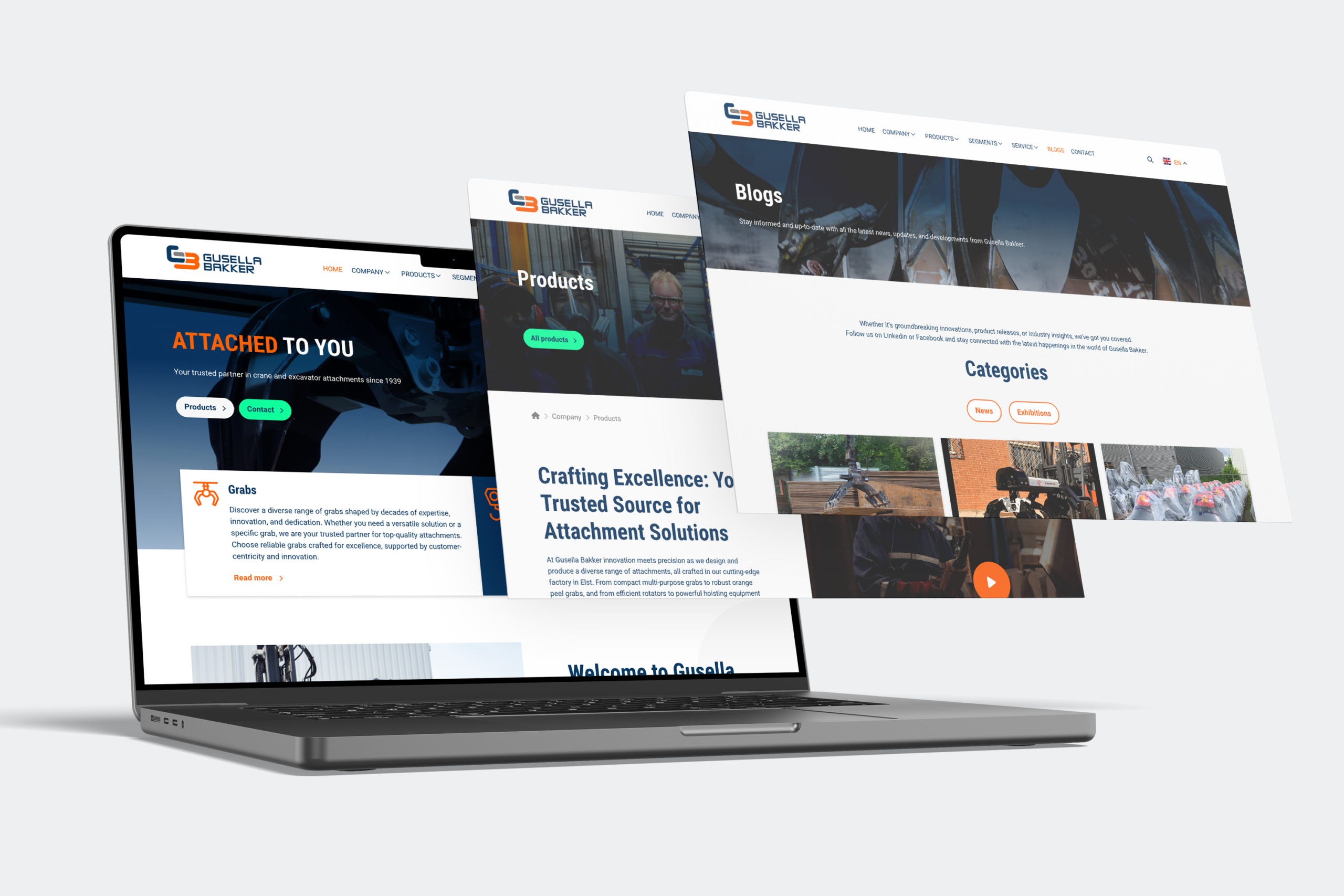 BURO210 Fullservice Marketingbureau Laptop met de website van Gusella-Bakker, een specialist in kraan- en graafmachine accessoires. Bekijk de producten, blogs en contact informatie. Gusella-Bakker innovatie.