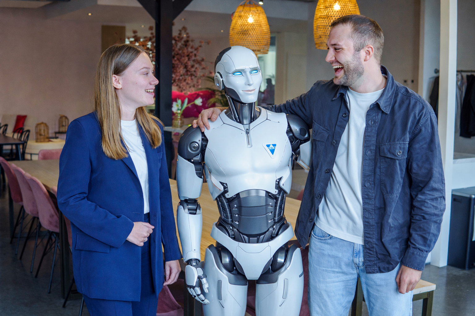 BURO210 Fullservice Marketingbureau Een lachende vrouw en man poseren met een humanoïde robot van buro210. Innovatieve technologie en menselijke interactie in een moderne setting.