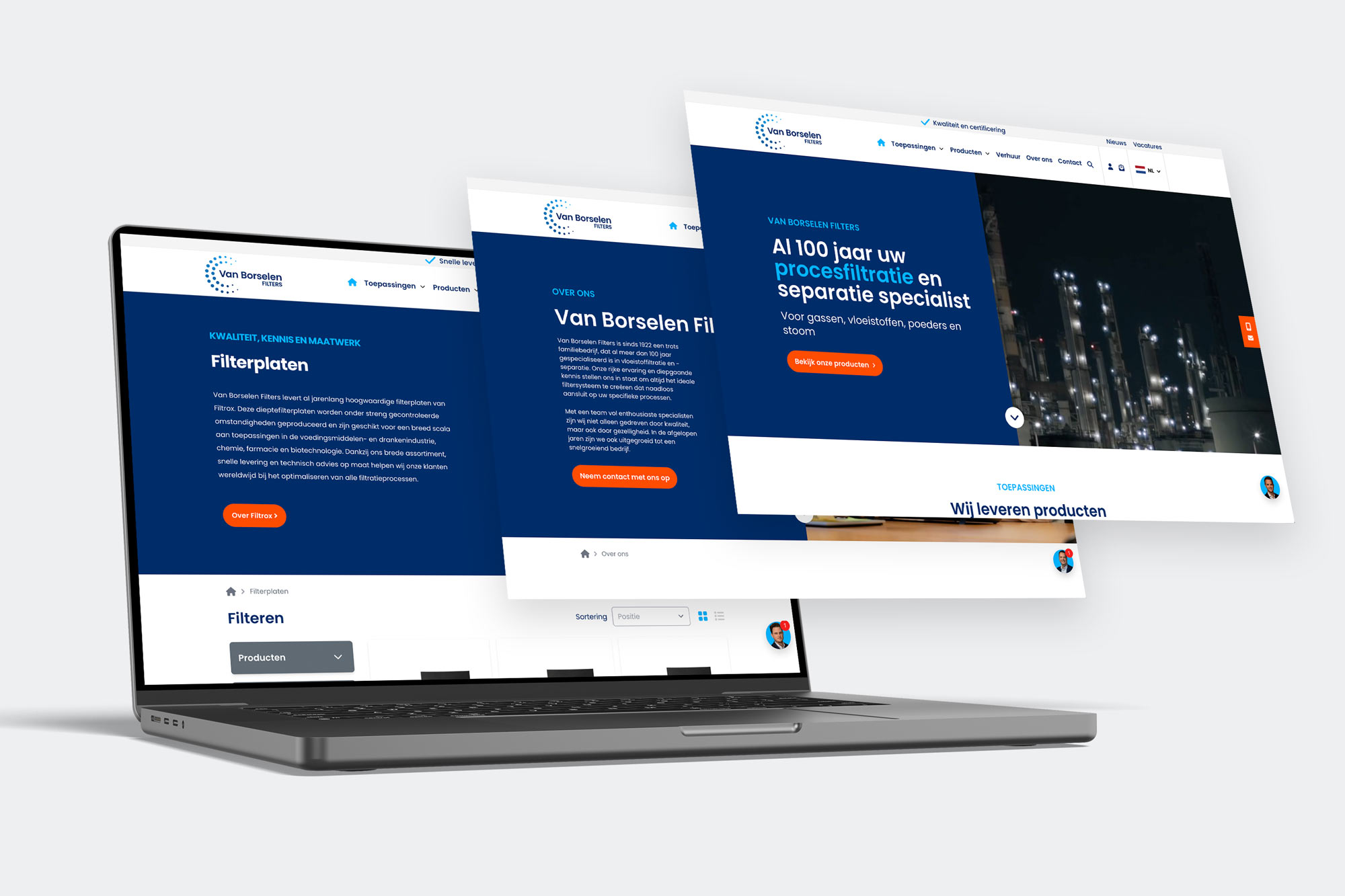 BURO210 Fullservice Marketingbureau Laptop met de website van Van Borselen Filters, specialist in procesfiltratie. Bekijk onze oplossingen voor vloeistoffiltratie en luchtfiltratie, een familiebedrijf sinds 1922.