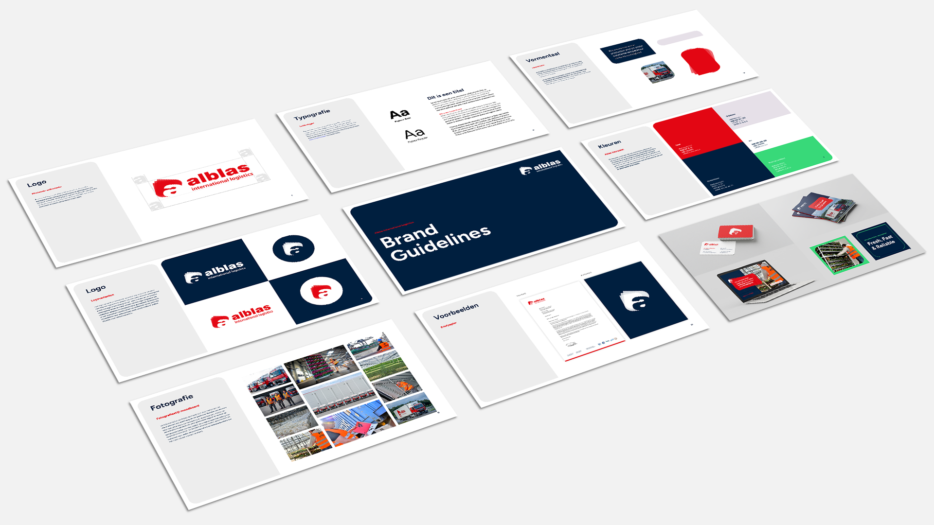 BURO210 Fullservice Marketingbureau Brandrichtlijnen van Alblas International Transport, met het logo, typografie, kleuren en voorbeelden van toepassingen. Bekijk de huisstijl van Alblas International.